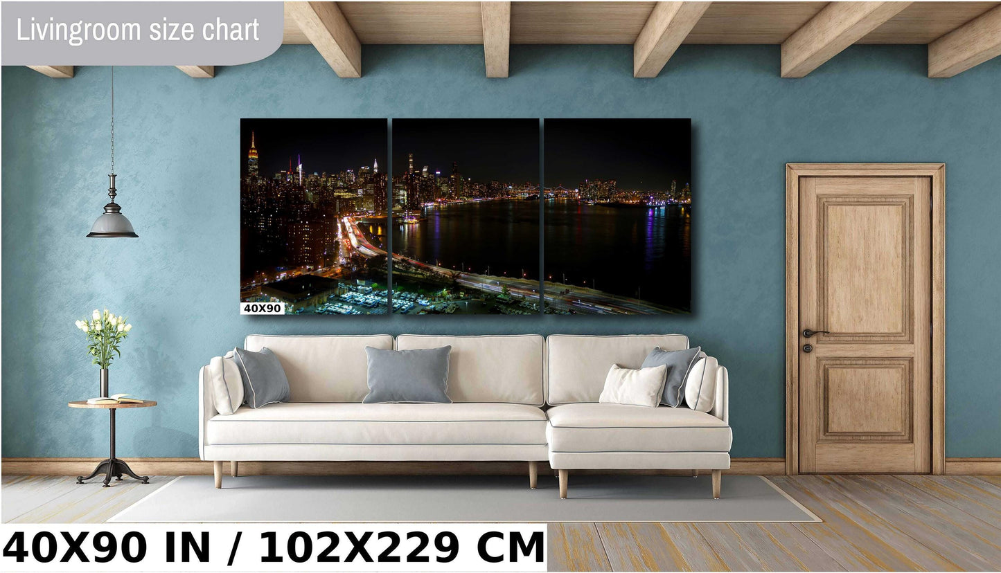 Night time NYC skyline and the East River from lower east side at mid night metal print canvas print color photography night poster