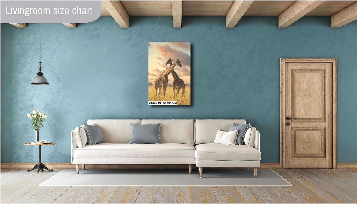 Hugging giraffe's at sunset Amboselli Park Kenya Africa bright color poster canvas print metal print Safari nature photography