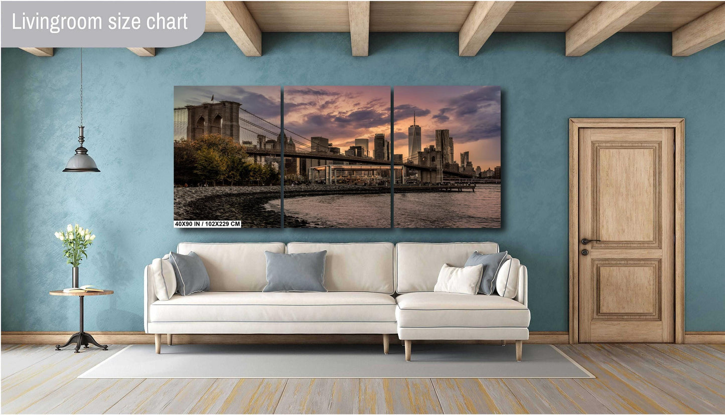 Sunset over the Brooklyn Bridge and downtown Manhattan metal print canvas print color photography art for your wall night sunset river