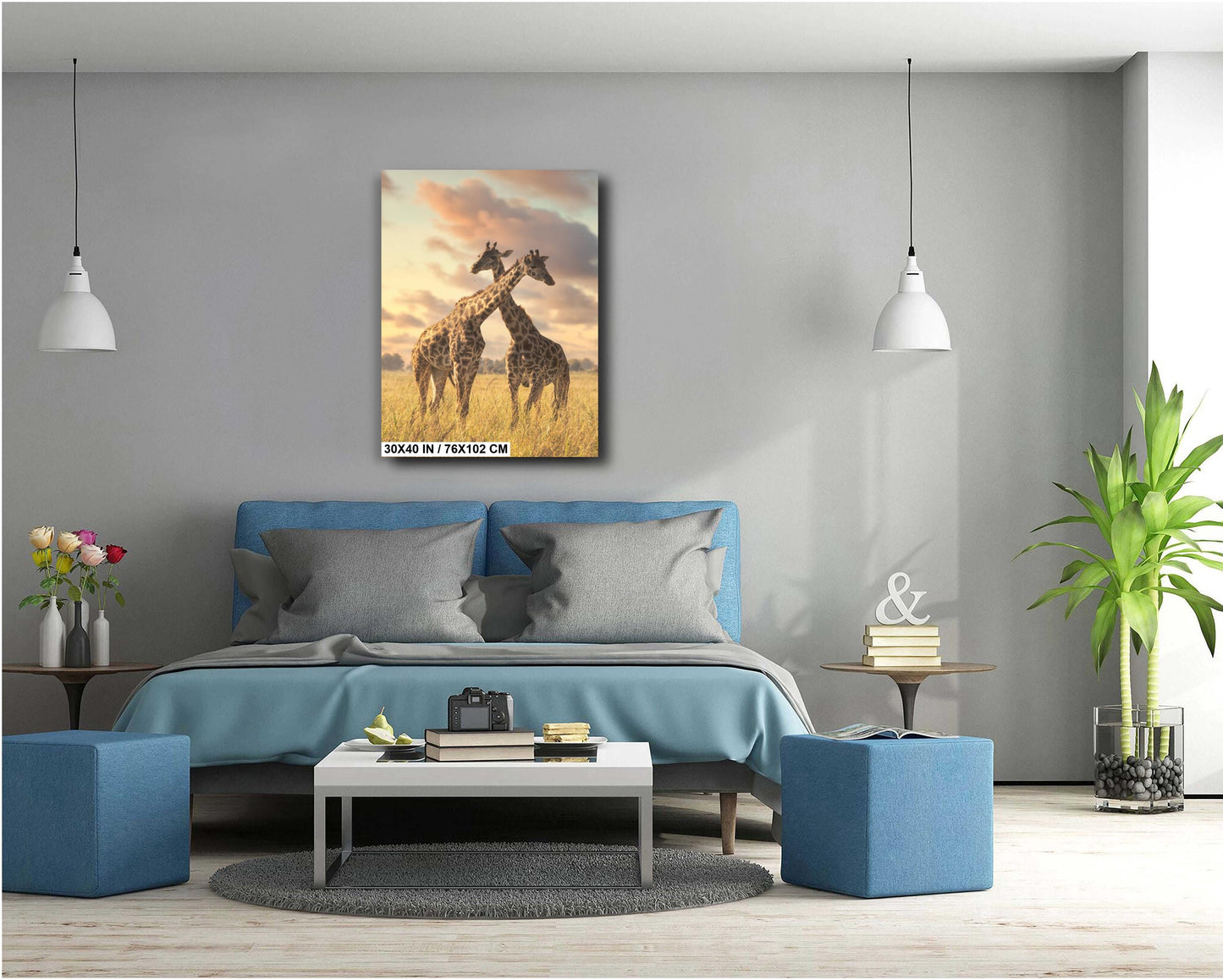 Hugging giraffe's at sunset Amboselli Park Kenya Africa bright color poster canvas print metal print Safari nature photography