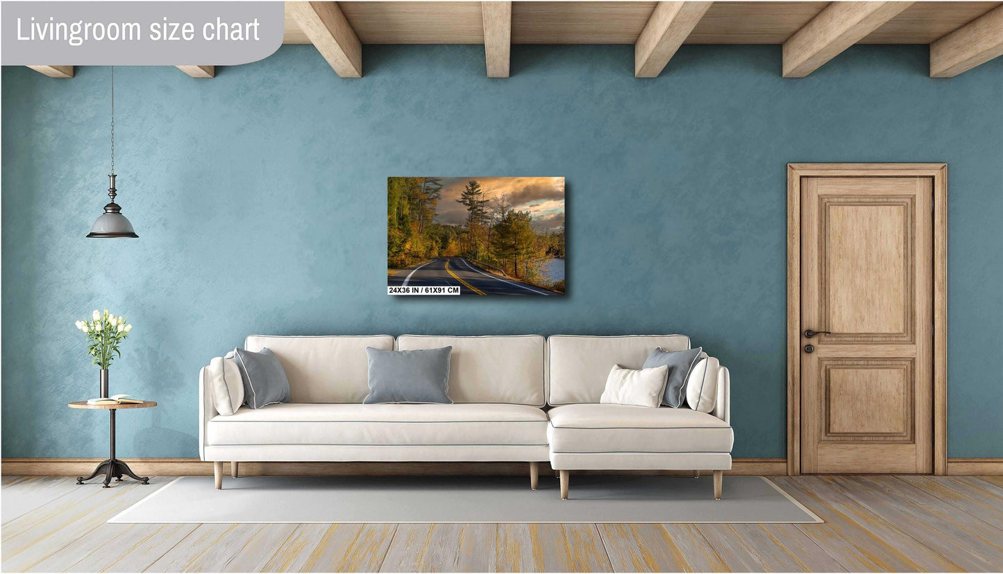 Lonely road along the lake. Loon Lake, Adirondacks colors mountains metal print canvas print wall art