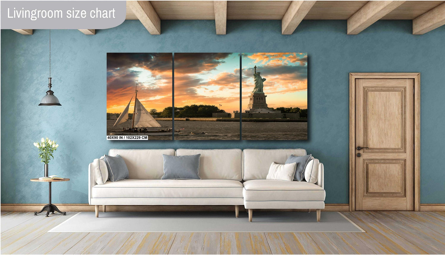 Lady Liberty at sunset metal print canvas print color photography daylight sunset river poster