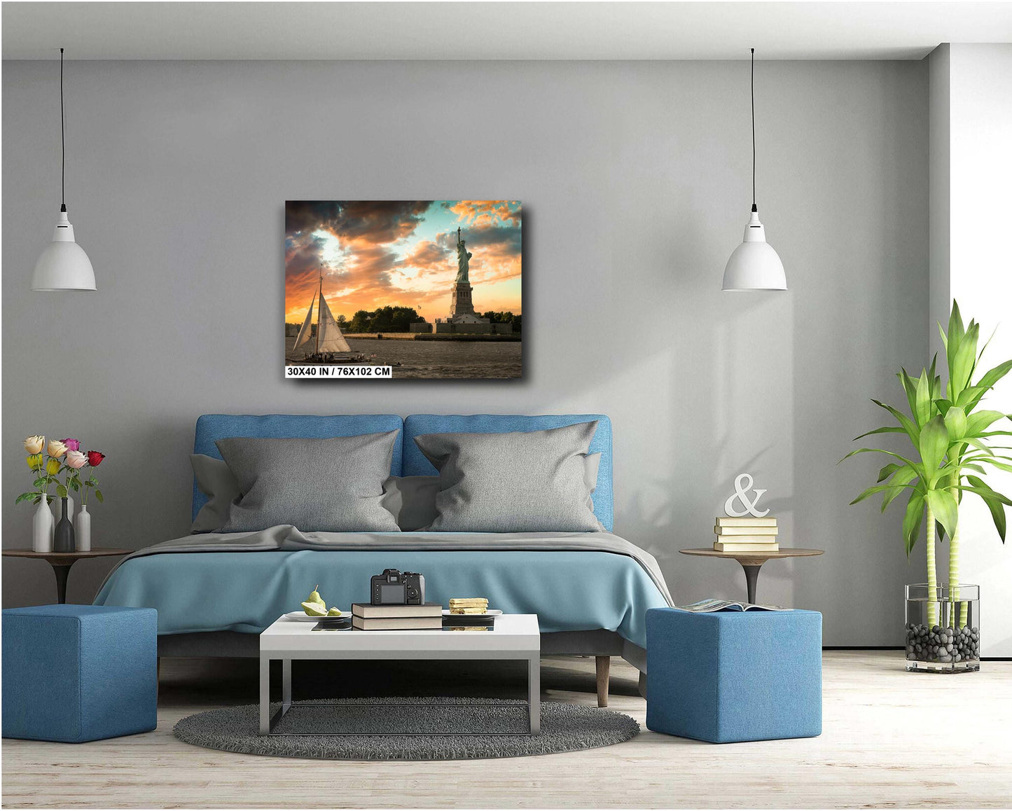 Lady Liberty at sunset metal print canvas print color photography daylight sunset river poster