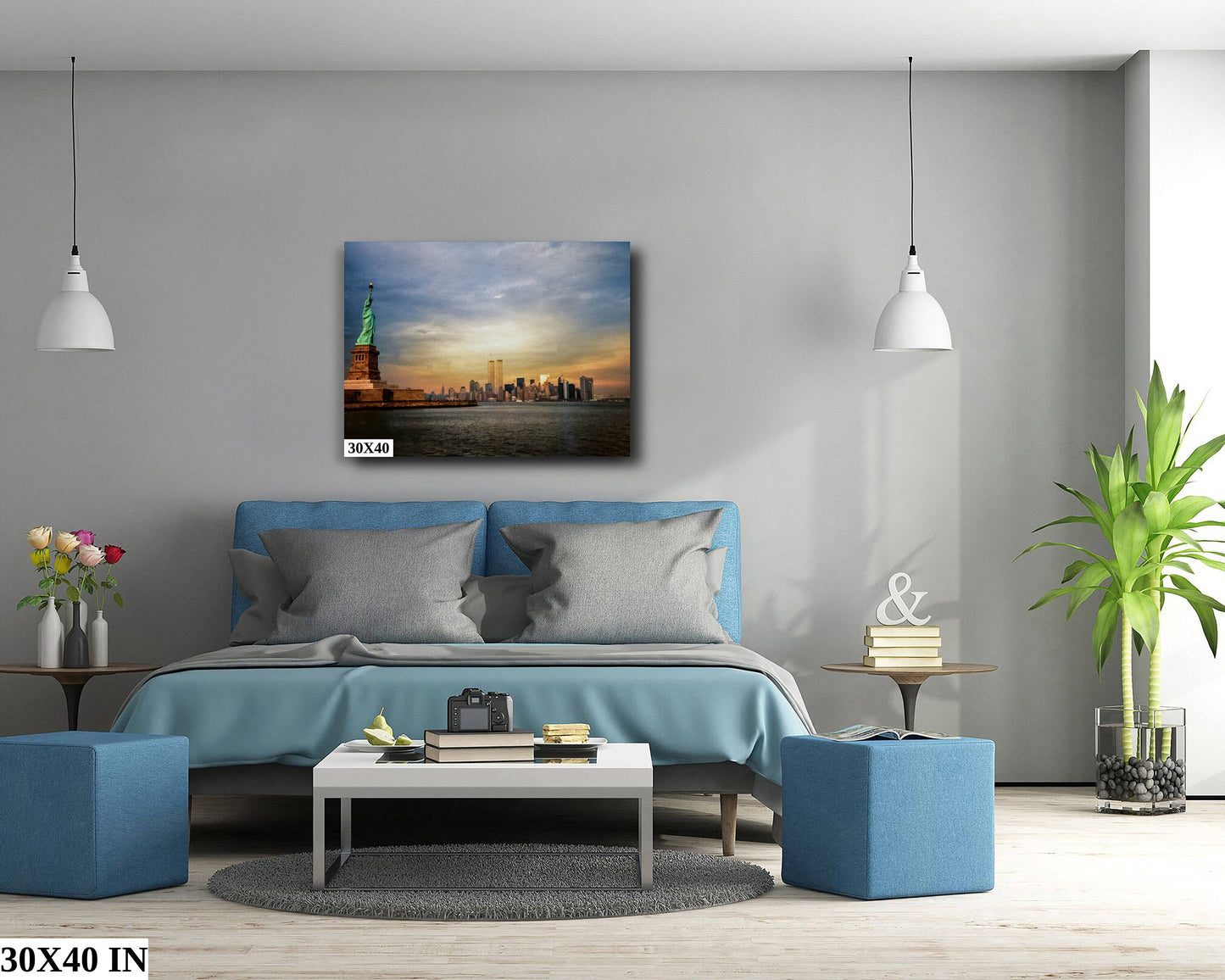 NYC World Trade Center and lady Liberty skyline lower manhattan the battery metal print canvas print color photography daylight sunset