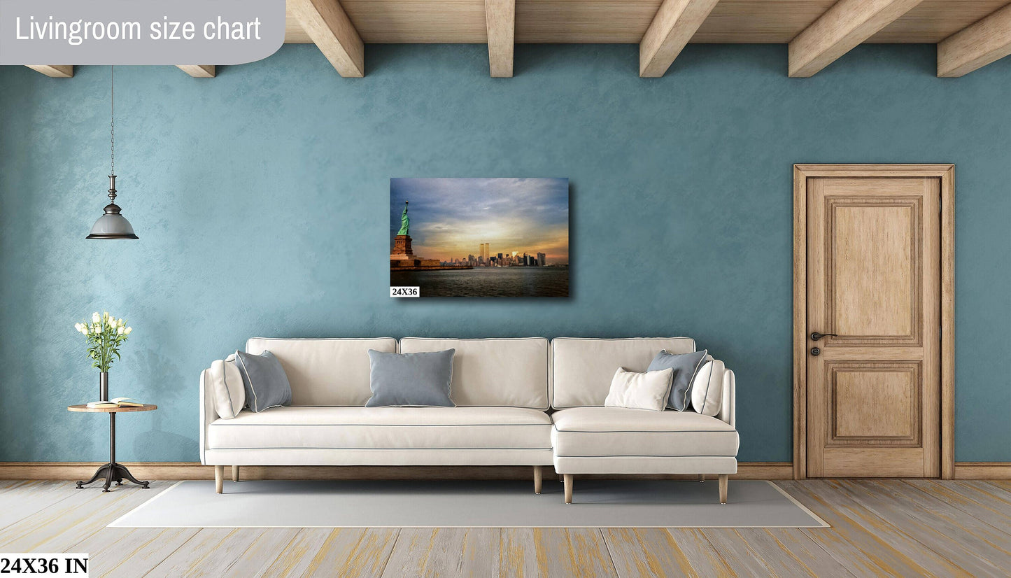 NYC World Trade Center and lady Liberty skyline lower manhattan the battery metal print canvas print color photography daylight sunset