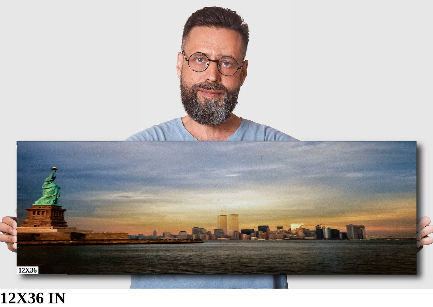 NYC World Trade Center and lady Liberty skyline lower manhattan the battery metal print canvas print color photography daylight sunset