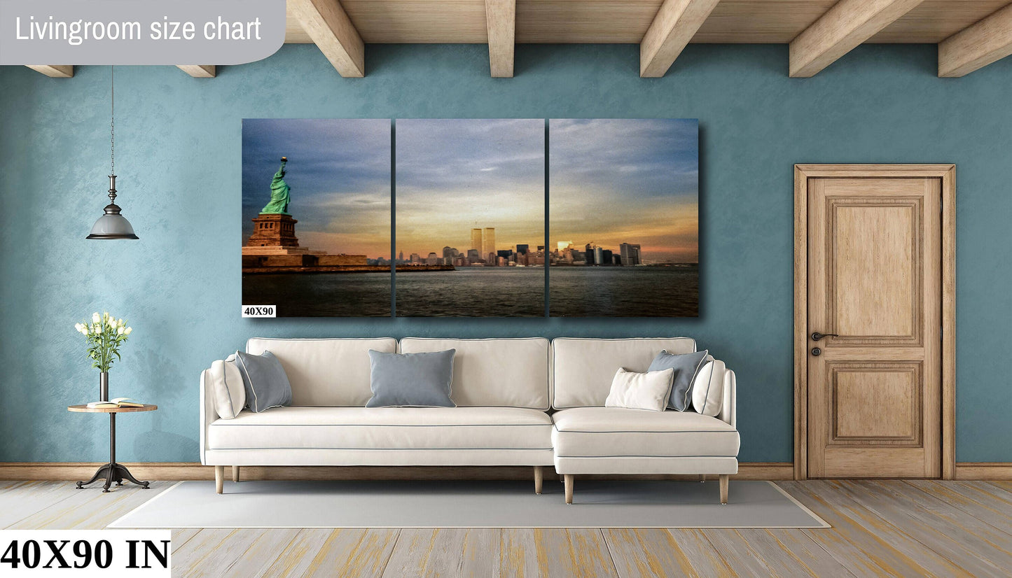 NYC World Trade Center and lady Liberty skyline lower manhattan the battery metal print canvas print color photography daylight sunset