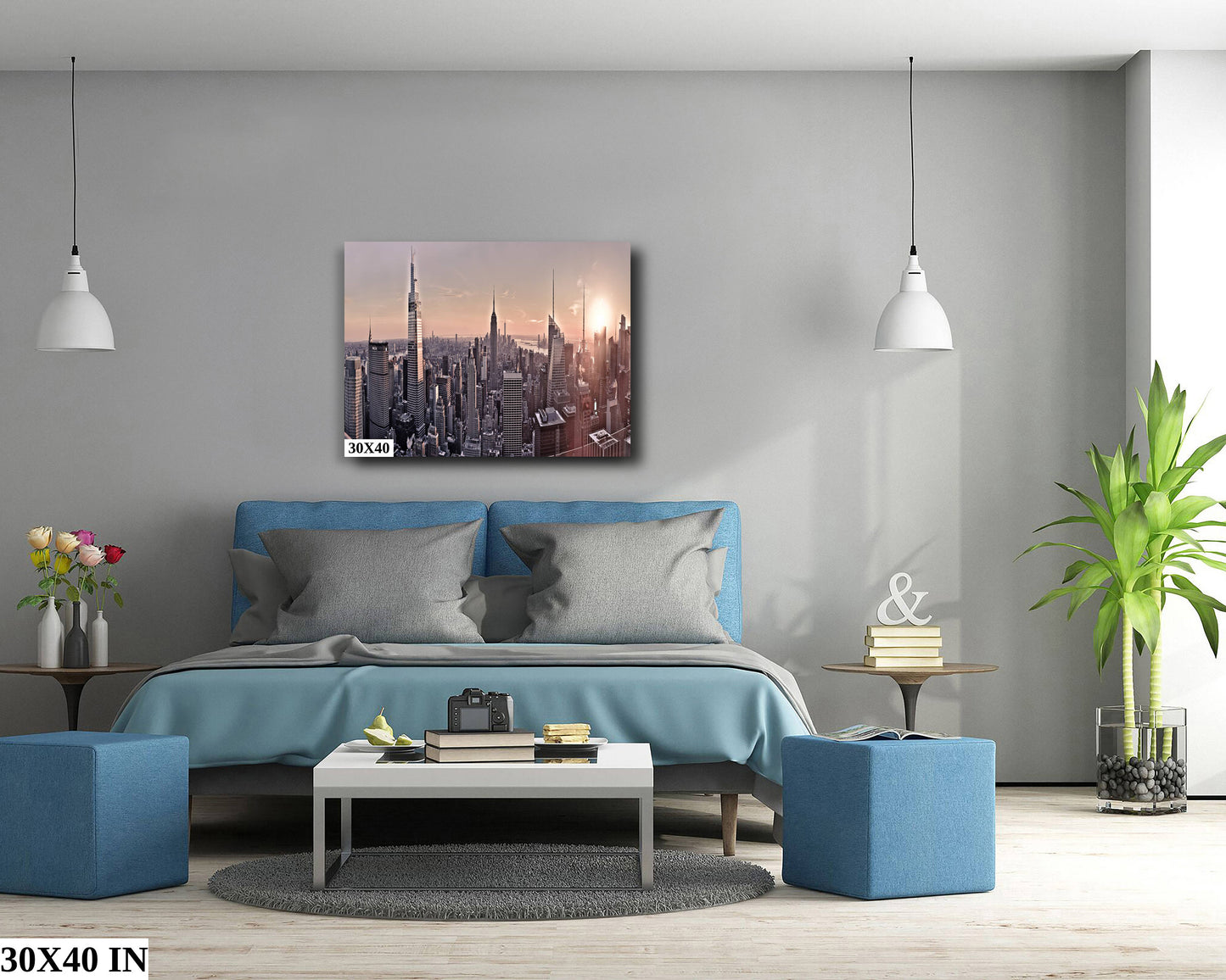 NYC skyline mid town metal print canvas print color photography daylight boat river poster