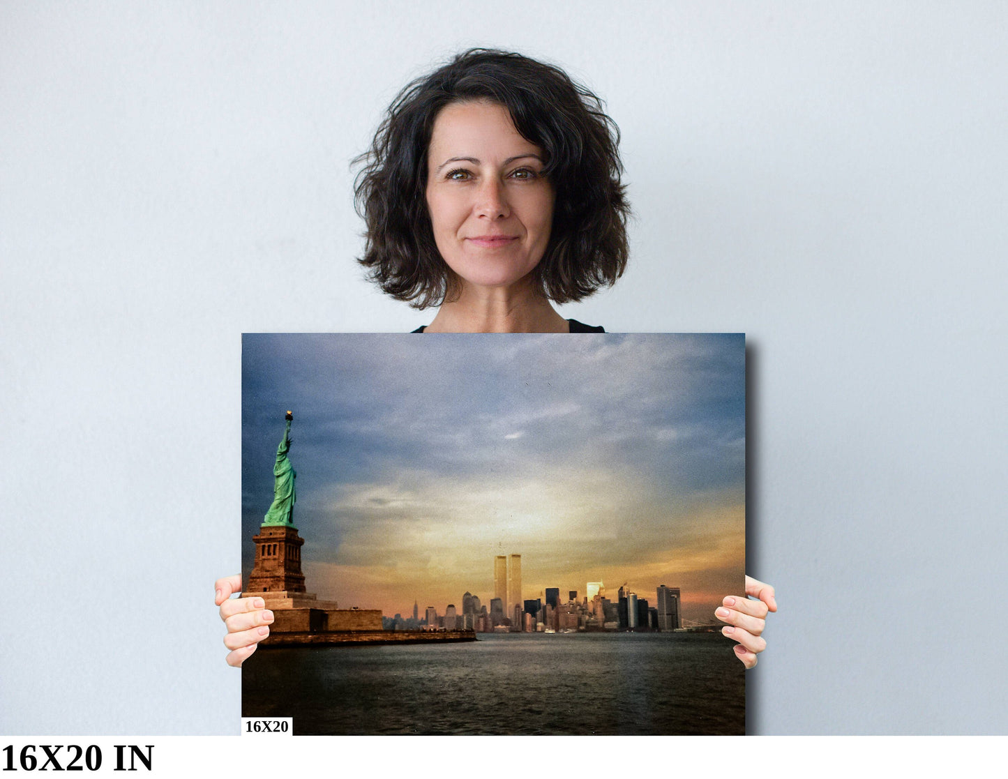 NYC World Trade Center and lady Liberty skyline lower manhattan the battery metal print canvas print color photography daylight sunset
