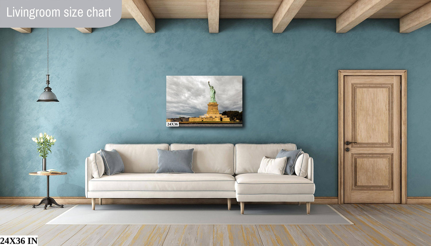 Statue of Liberty guiding light in past storms and the ones coming metal print canvas print color photography daylight sunset river poster