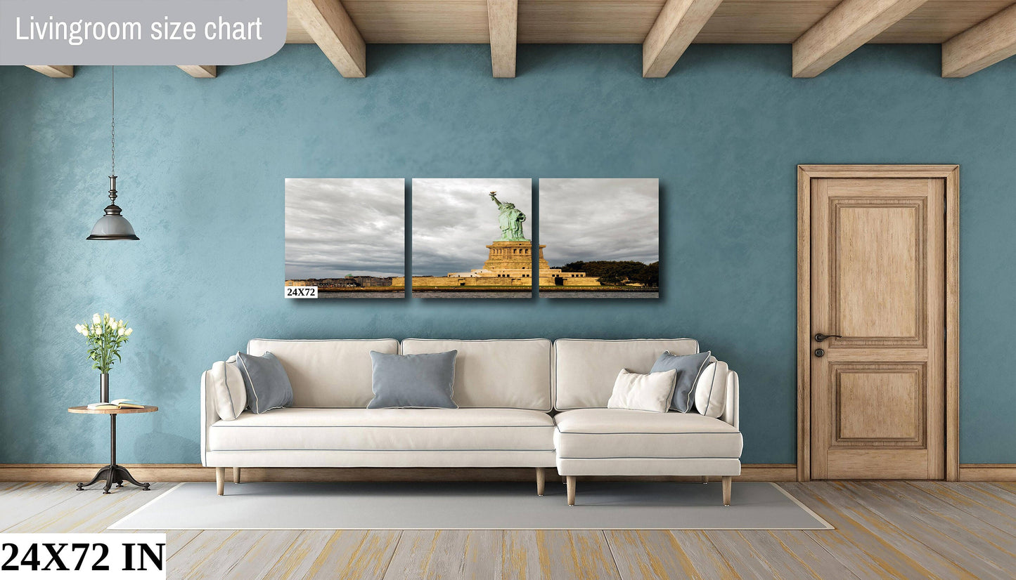 Statue of Liberty guiding light in past storms and the ones coming metal print canvas print color photography daylight sunset river poster