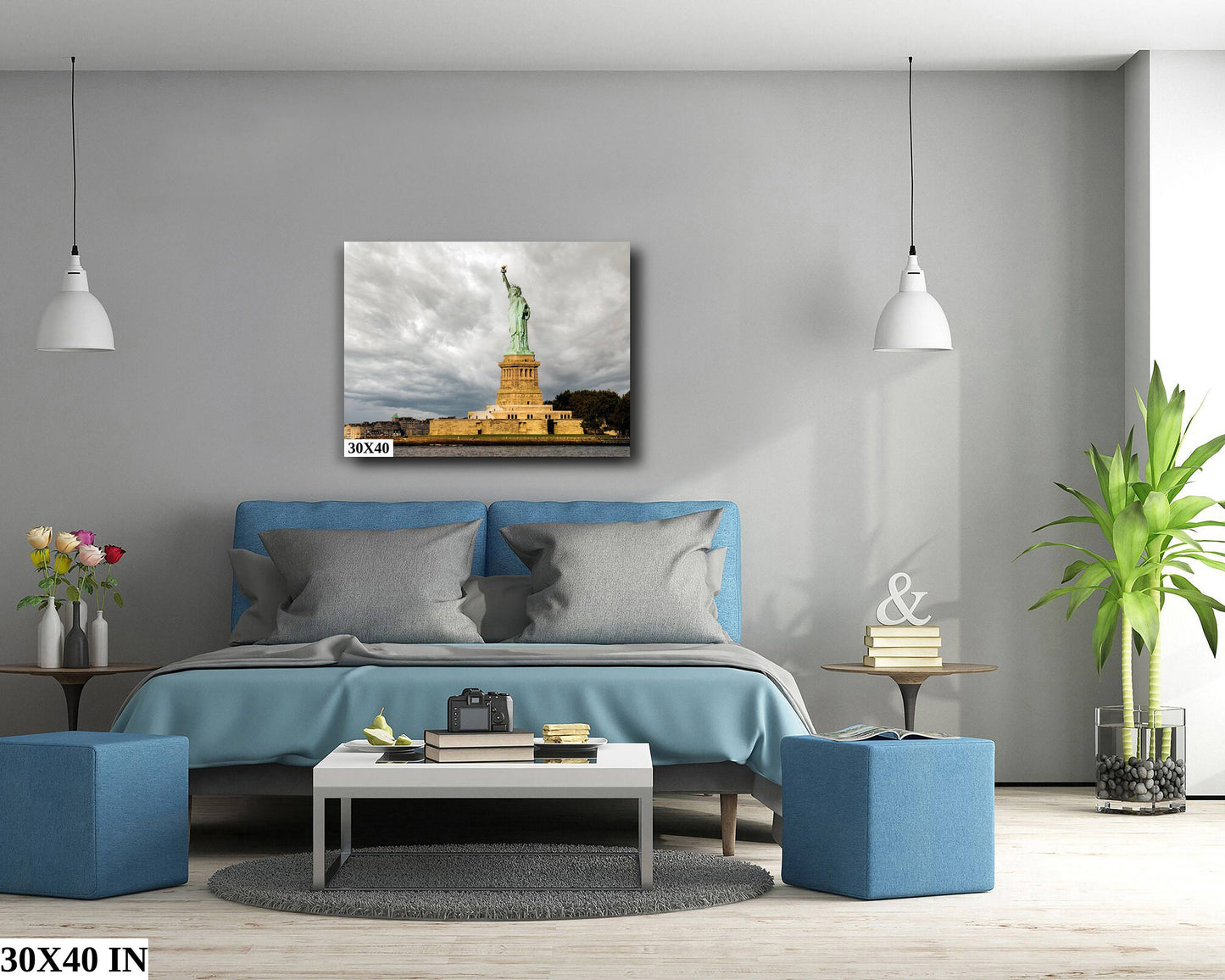 Statue of Liberty guiding light in past storms and the ones coming metal print canvas print color photography daylight sunset river poster