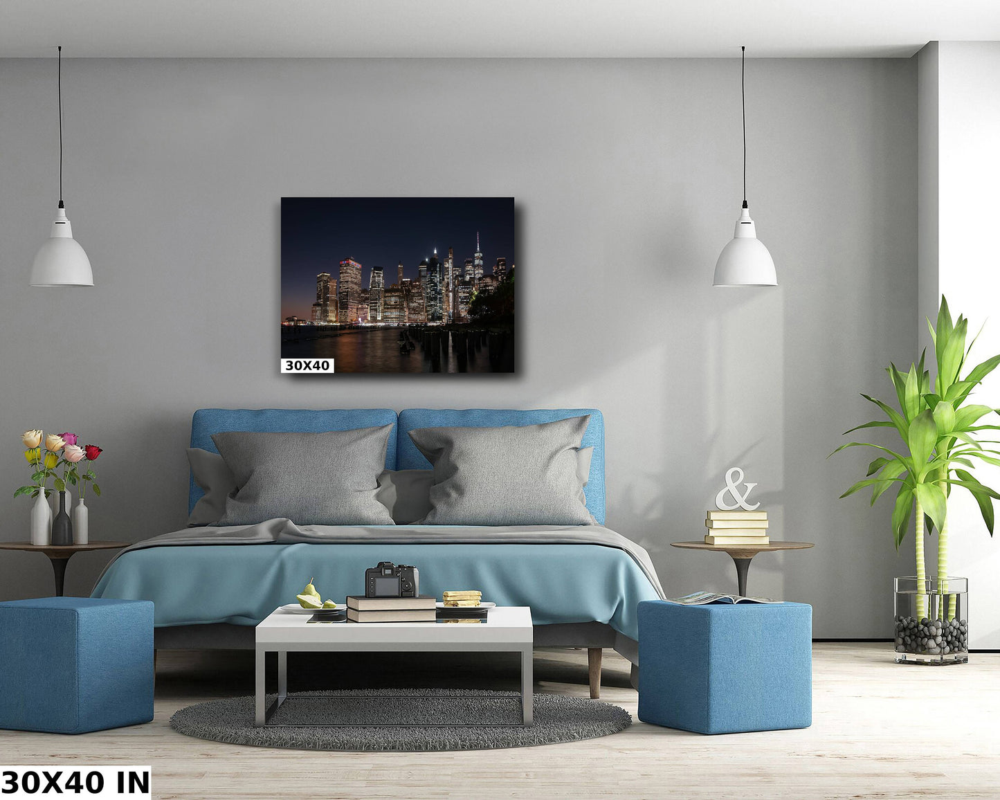 NYC skyline lower manhattan from Brooklyn metal print canvas print color photography night sunset river poster