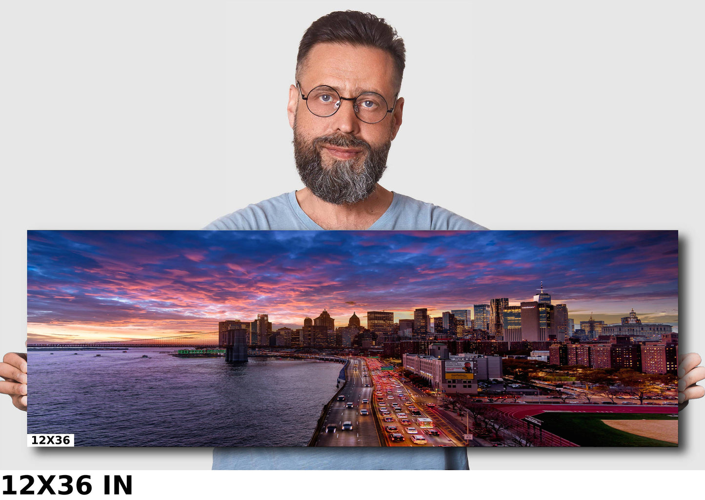 NYC skyline lower Manhattan from the Manhattan Bridge metal print canvas print color photography night sunset river poster