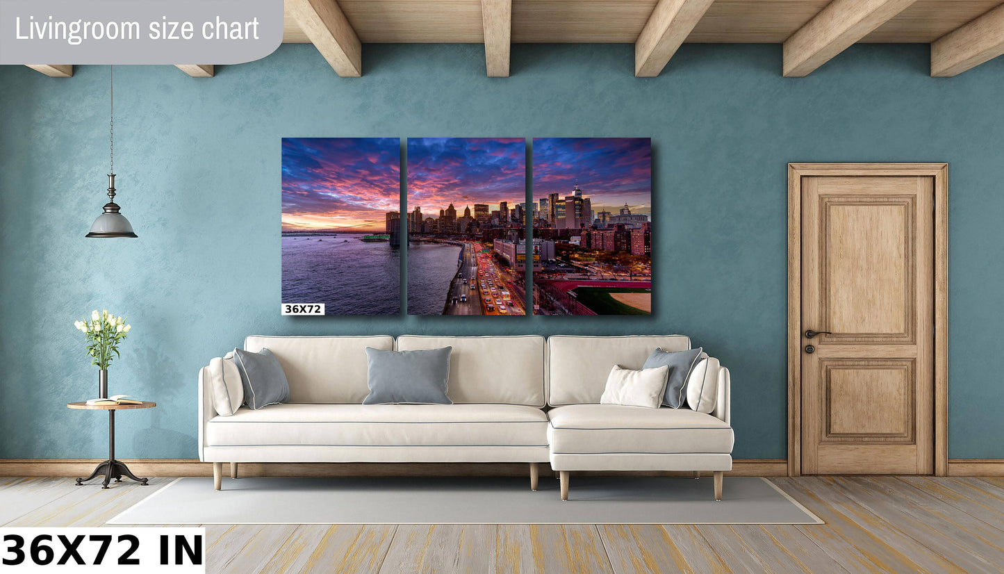 NYC skyline lower Manhattan from the Manhattan Bridge metal print canvas print color photography night sunset river poster