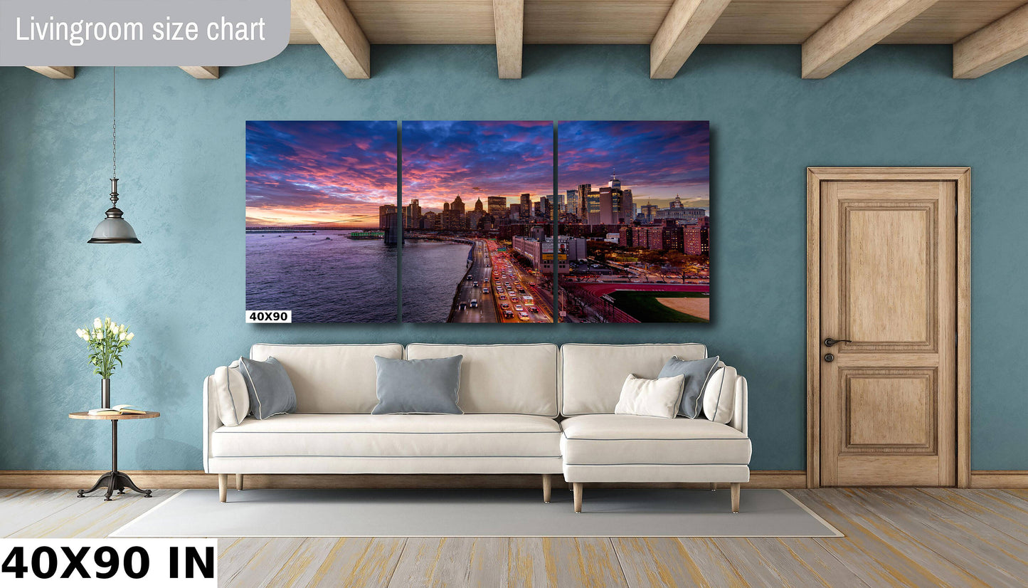 NYC skyline lower Manhattan from the Manhattan Bridge metal print canvas print color photography night sunset river poster