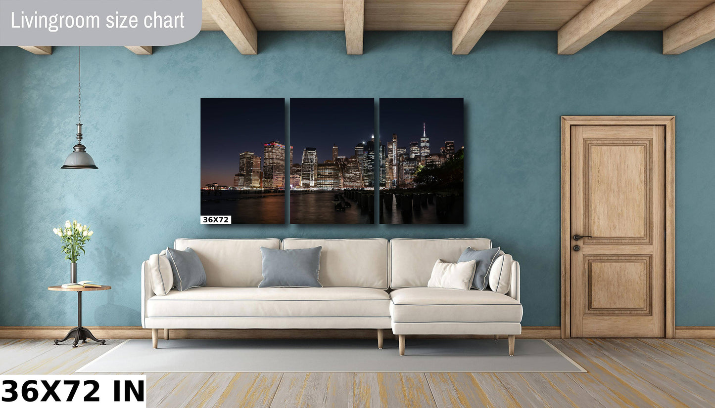 NYC skyline lower manhattan from Brooklyn metal print canvas print color photography night sunset river poster