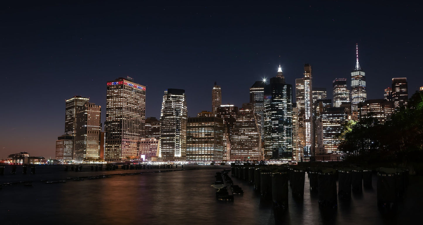 NYC skyline lower manhattan from Brooklyn metal print canvas print color photography night sunset river poster