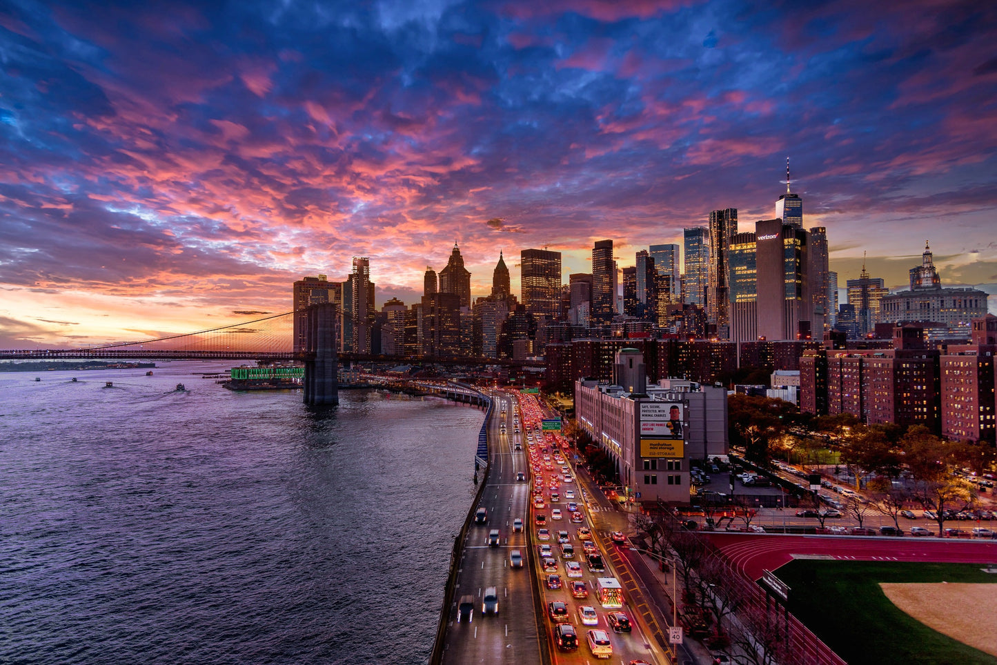 NYC skyline lower Manhattan from the Manhattan Bridge metal print canvas print color photography night sunset river poster