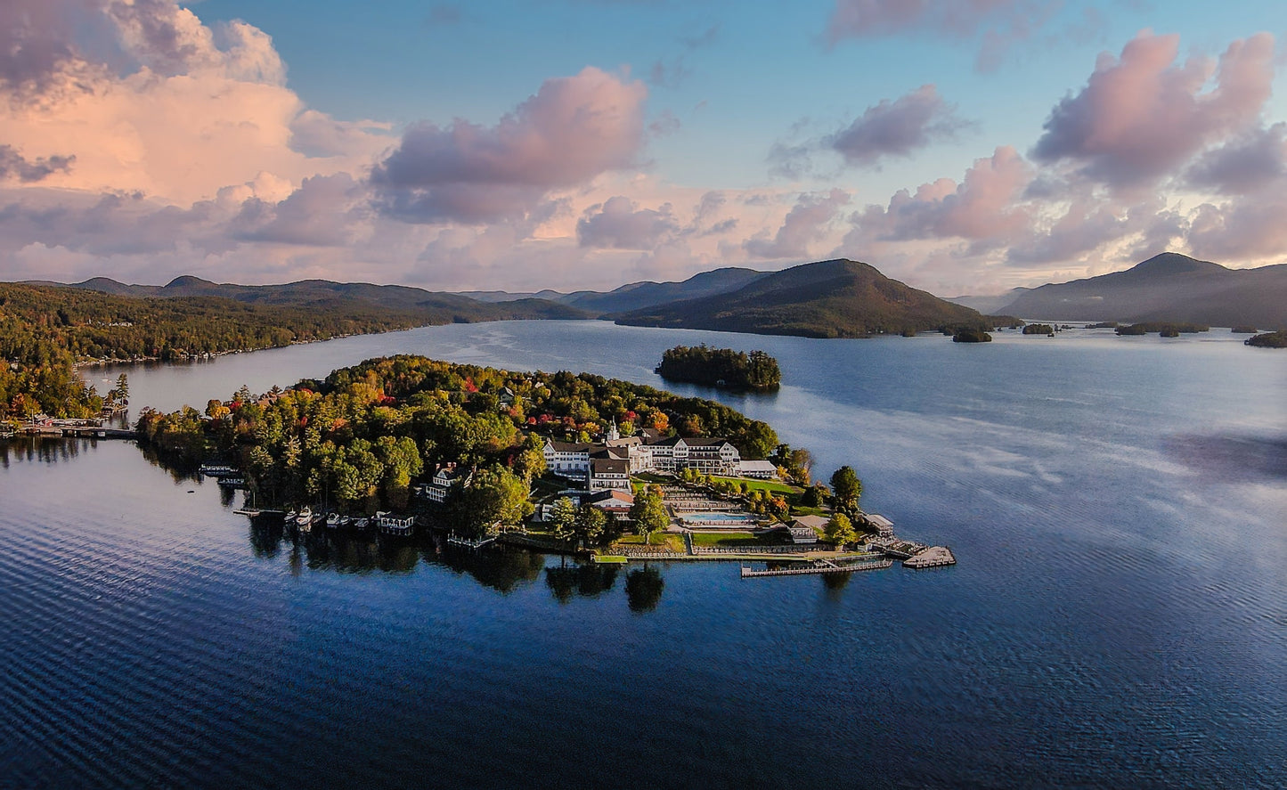 Sagamore Hotel and the Lake George Islands Drone shot Lake George N.Y. Adirondacks colors mountains metal print canvas print wall art