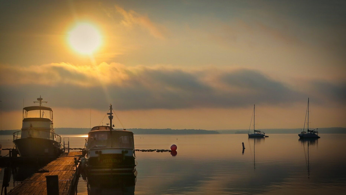 Spectacular foggy sunrise over the marina Hudson River colors wall art metal acrylic