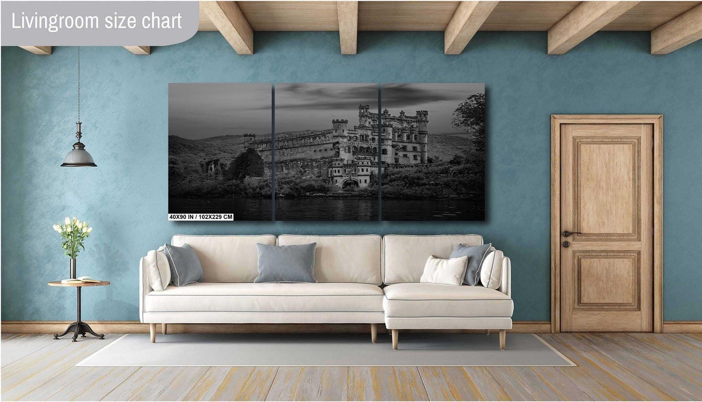 Hudson River Wall Art – Bannerman's Castle Ruins Canvas, Monochrome Scenic Decor