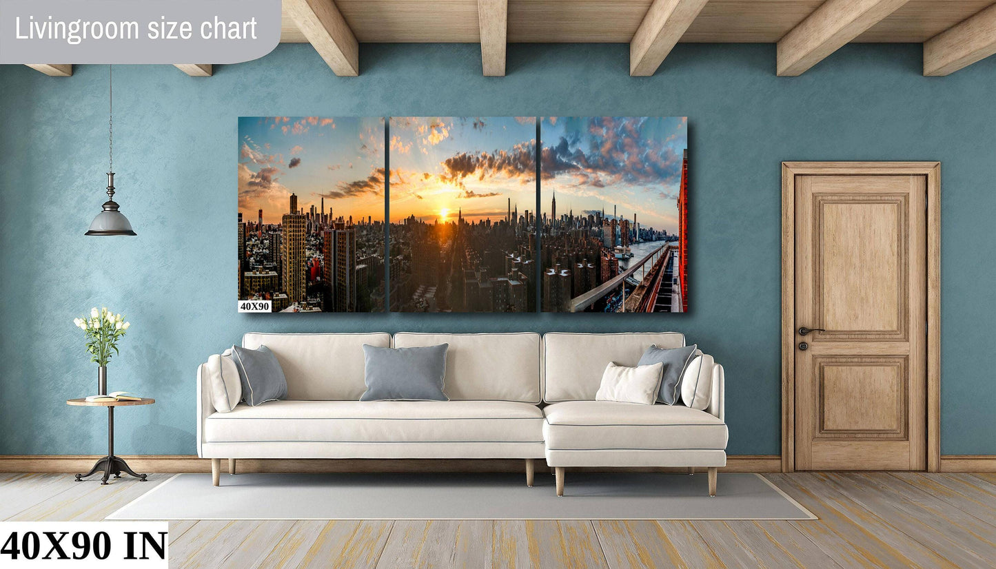 NYC Skyline Metal Print - Panoramic Cityscape Canvas | Vibrant Sunset Skyline Art