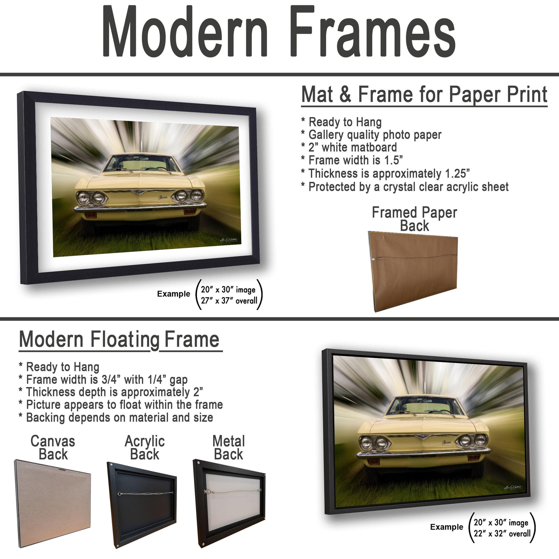 The image is a collage of two framed pictures, one of a yellow car and the other of a black car, both with a mat and frame. The collage is ready to hang, and the mat and frame for paper print are available. The mat and frame for paper print are available in different materials, such as acrylic and metal backings. The mat and frame for paper print are available in various sizes, including 20x30" and 22x32" sizes.