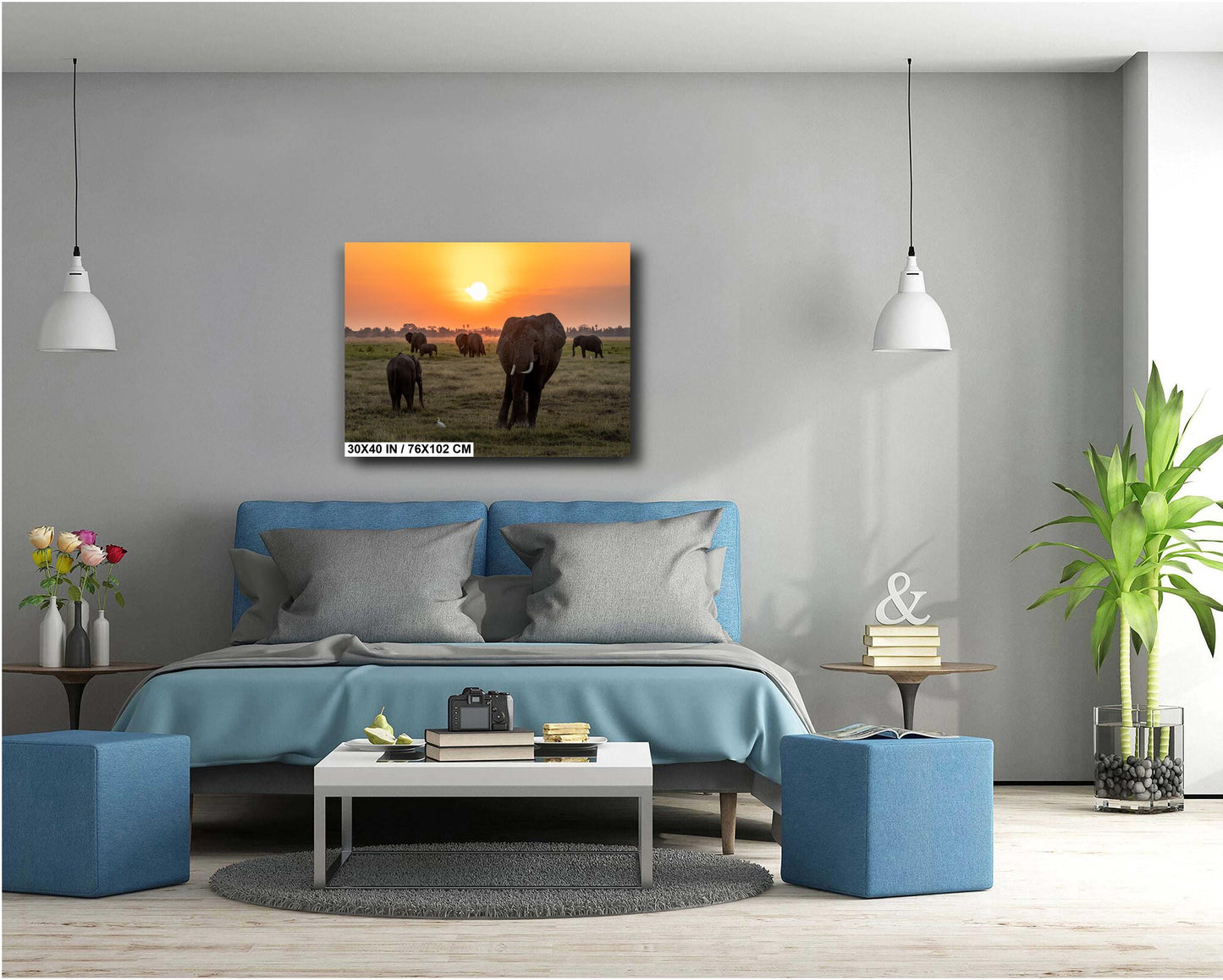African Sunset Elephant Print – Kenya Safari Wall Art Canvas with Wildlife Silhouette