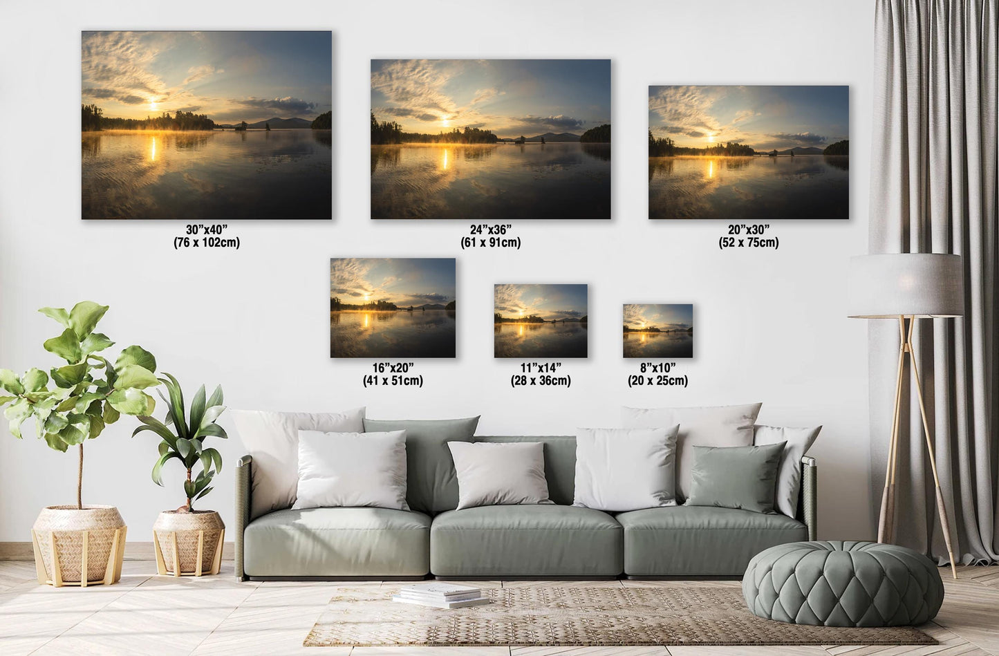 Lake Sunrise Wall Art – Panoramic Misty Lake Reflection, Rustic Cabin Decor