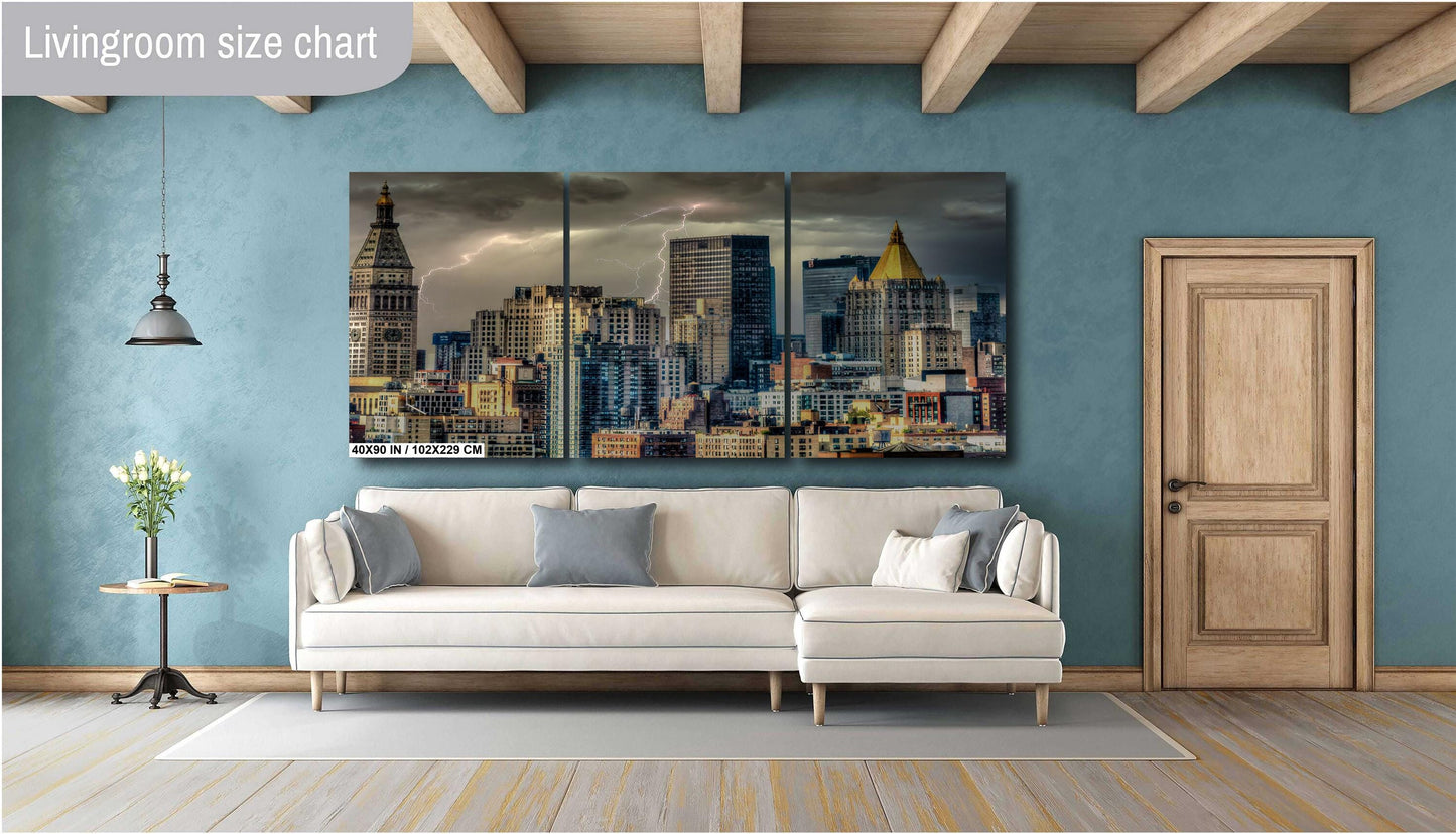 Manhattan Lightning Print – New York Skyline Art | Stormy Weather Photo Canvas