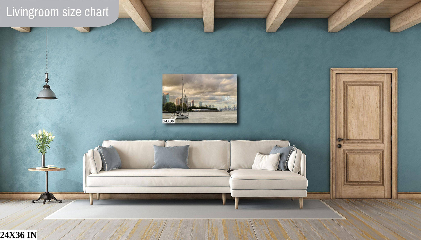 East River Sailboat Print – NYC Skyline Art With Williamsburg Bridge Decor