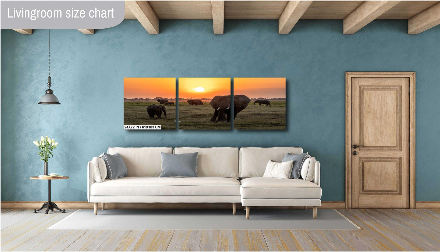 African Sunset Elephant Print – Kenya Safari Wall Art Canvas with Wildlife Silhouette