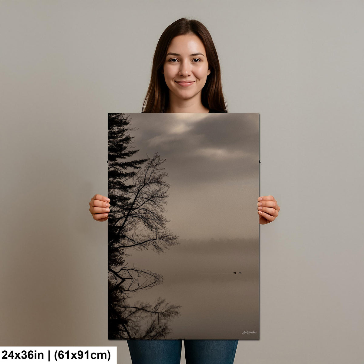 Wood Duck Wall Art, Loon Lake Misty Dawn Photo Print Glossy Paper