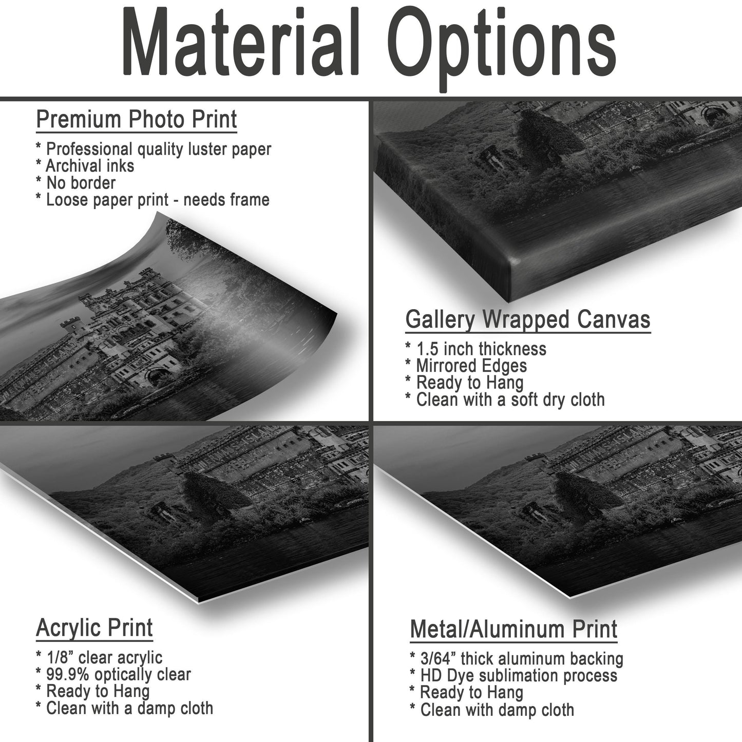 Hudson River Wall Art – Bannerman's Castle Ruins Canvas, Monochrome Scenic Decor