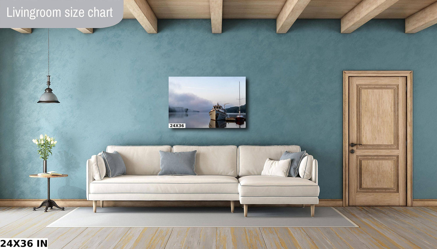 Hudson River Wall Art – Marina Wall Decor | Sunrise Boat Scene on Metal Photo Canvas