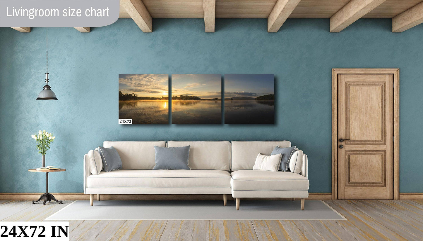 Lake Sunrise Wall Art – Panoramic Misty Lake Reflection, Rustic Cabin Decor