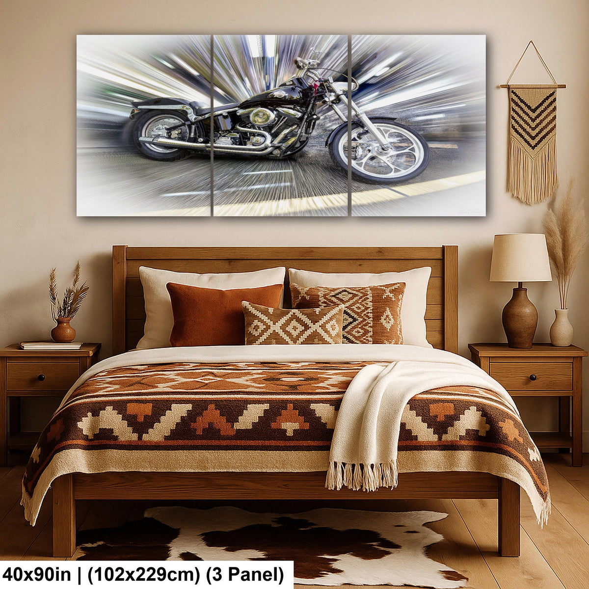 a bedroom with a large, colorful, and intricate quilt on the bed. Above the bed, there is a large, colorful, and intricate painting of a motorcycle. The room also features a wooden headboard, nightstands, and decorative elements such as a woven basket and a potted plant.