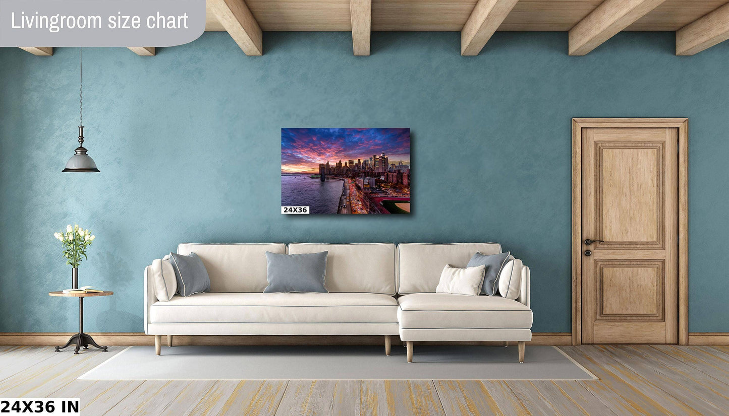 NYC Skyline Metal Print – Manhattan Bridge Art | Sunset Skyline Canvas Wall Decor