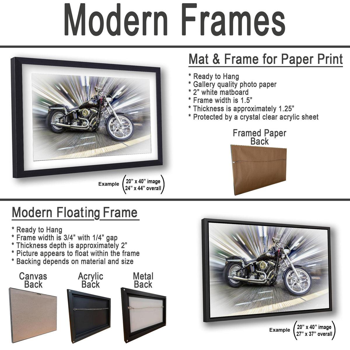The image is a collage of two framed pictures, one of a motorcycle and one of a person riding a motorcycle. The motorcycle picture is framed in a modern floating frame, while the person riding the motorcycle picture is framed in a modern hanging frame. The collage also includes a mat and frame for paper print, a mat and frame for paper print, and a mat and frame for a paper back.
