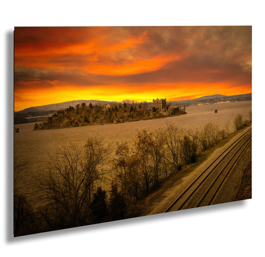 Sunset over Bannerman's and the tracks Hudson River  Hudson Valley  Bannerman's island canvas print metal print wall art