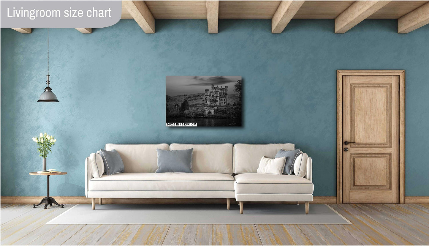 Hudson River Wall Art – Bannerman's Castle Ruins Canvas, Monochrome Scenic Decor
