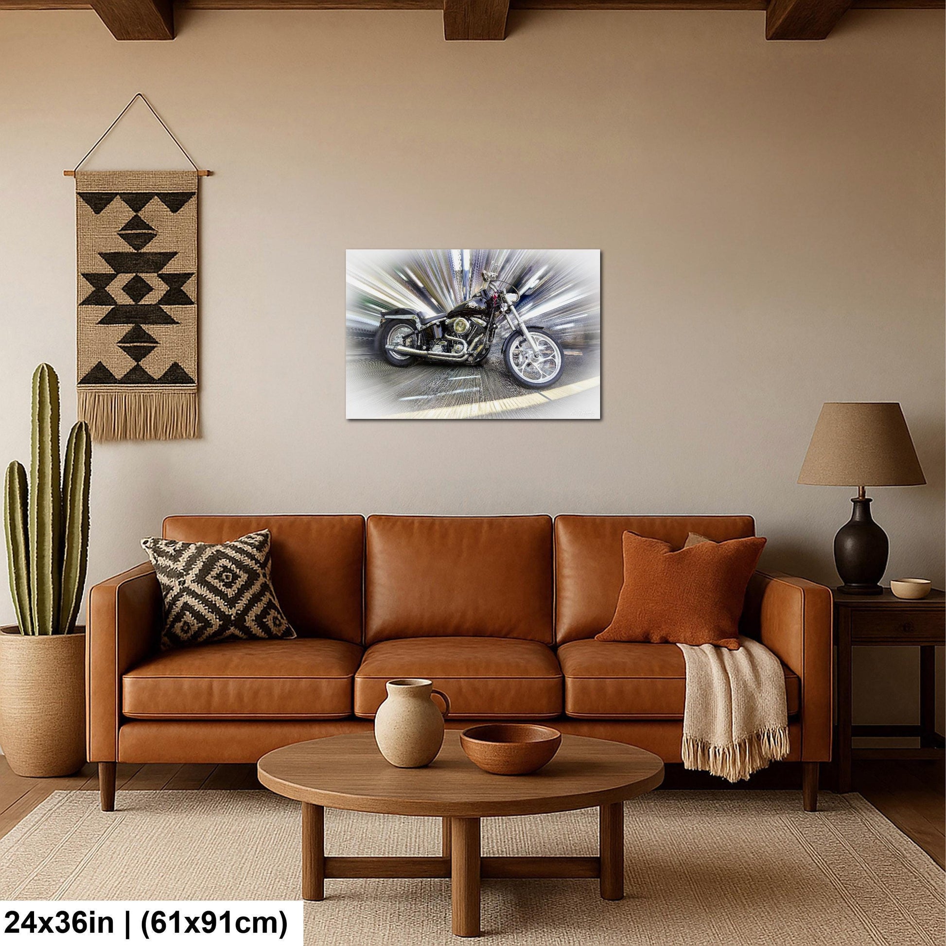 a cozy living room with a brown leather couch, a wooden coffee table, and a large abstract painting of a motorcycle hanging on the wall.