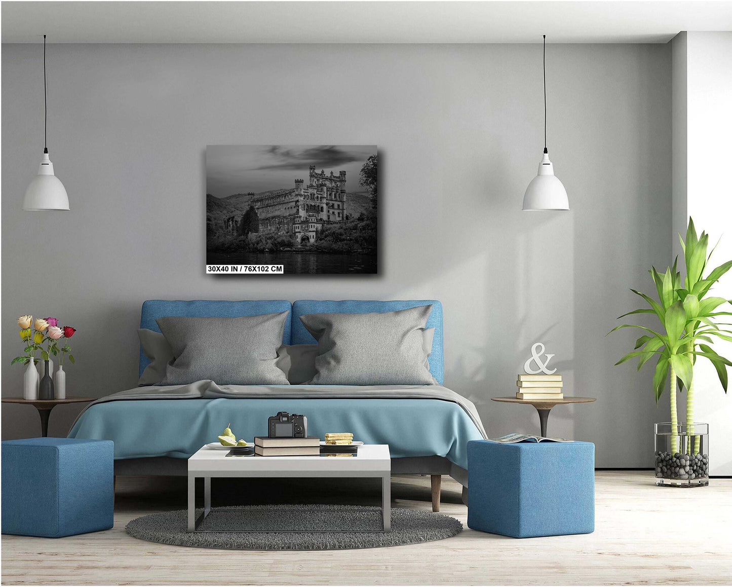 Hudson River Wall Art – Bannerman's Castle Ruins Canvas, Monochrome Scenic Decor