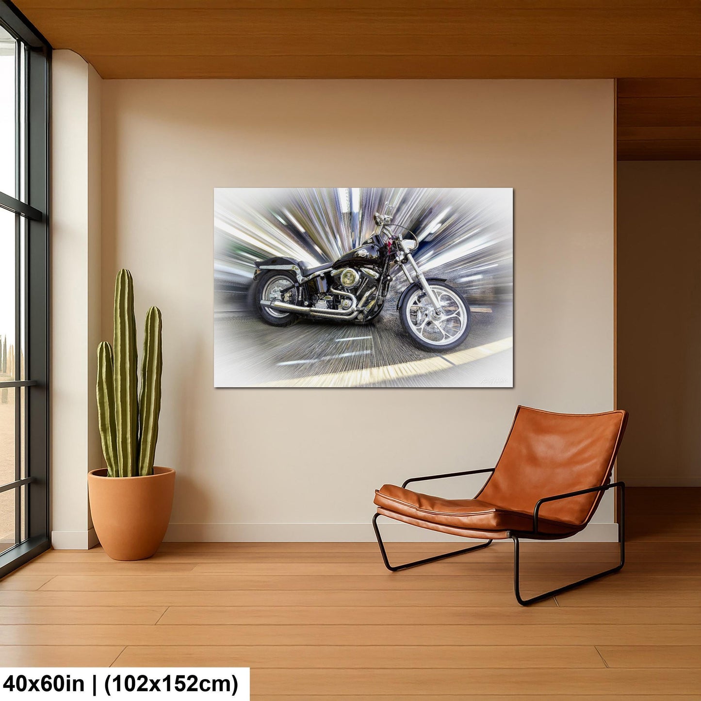 a large motorcycle on a wall, with a brown leather chair in the foreground.