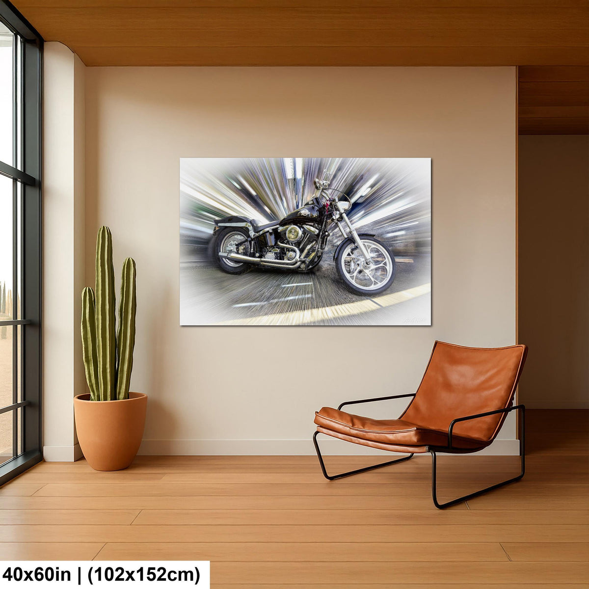 a large motorcycle on a wall, with a brown leather chair in the foreground.