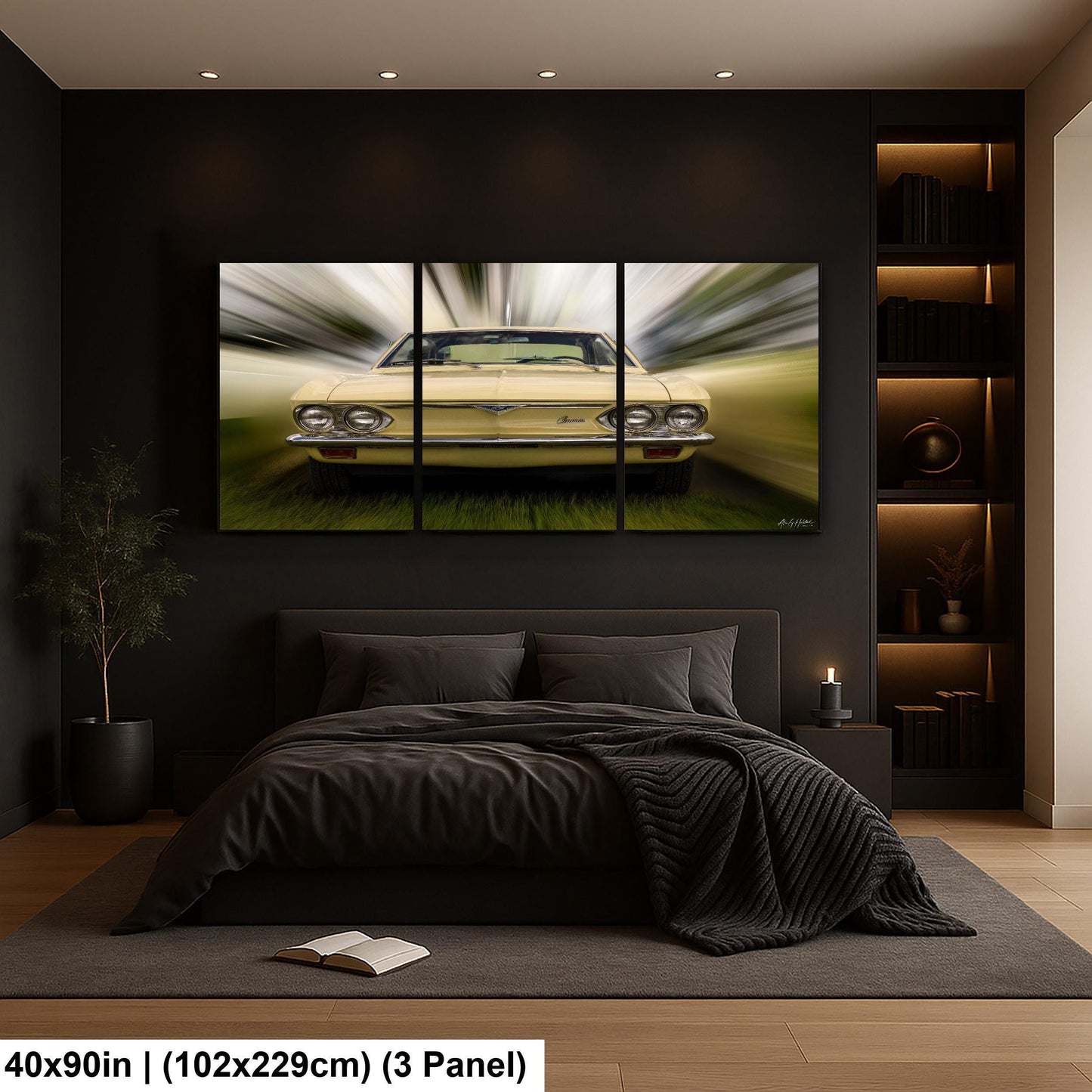 a bedroom with a large, three-panel painting of a yellow car on the wall above a bed.