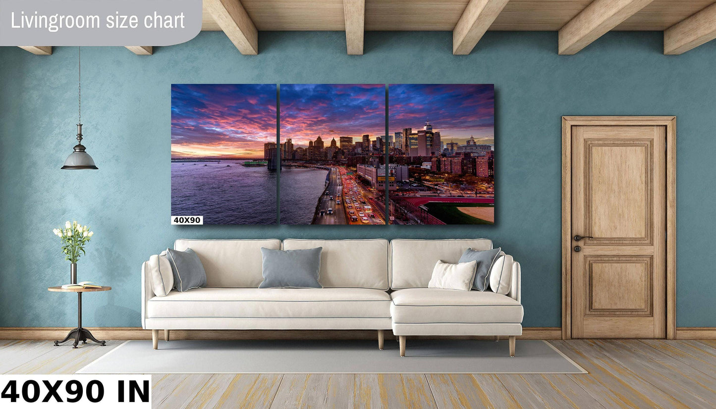 NYC Skyline Metal Print – Manhattan Bridge Art | Sunset Skyline Canvas Wall Decor