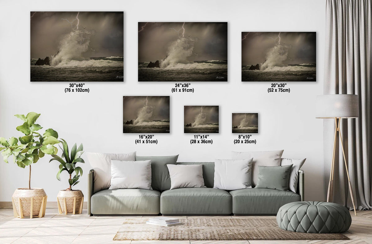 Stormy Ocean Wall Art, Roatan Lightning Over Ocean Dramatic Print
