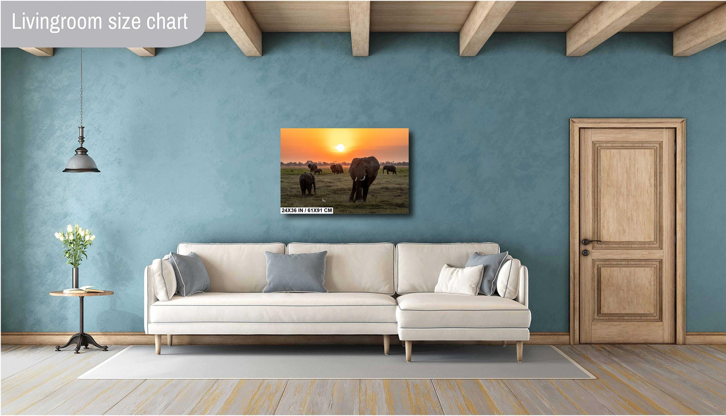 African Sunset Elephant Print – Kenya Safari Wall Art Canvas with Wildlife Silhouette